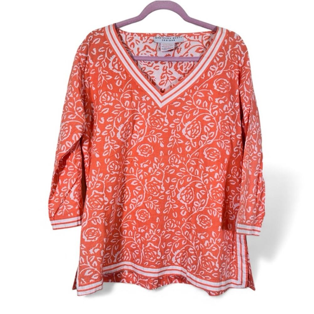 Gretchen Scott Orange White Floral Boho Blouse Womens M Beachy Summer Shirt Top